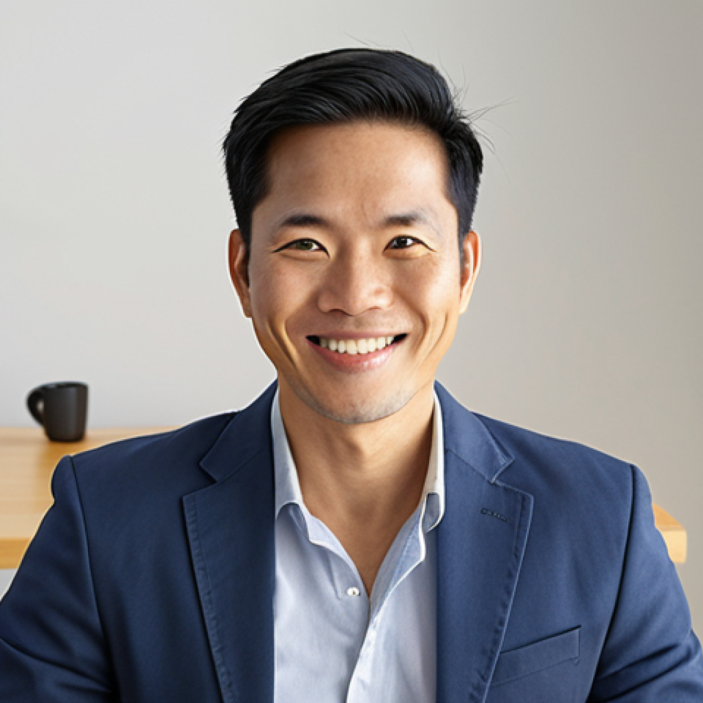 A confident Vietnamese professional (male or female, mid-30s-40s) engaging warmly with the camera during a dynamic online Q&A session. They have a genuine, approachable smile and direct eye contact, radiating self-assurance and expertise. The background is a clean, modern home office or virtual studio setup, reflecting professionalism. A subtle halo of light surrounds them, symbolizing their ability to shine and connect effectively with the audience in a virtual environment. The overall atmosphere is positive, intelligent, and inspiring.
