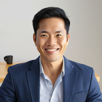 A confident Vietnamese professional (male or female, mid-30s-40s) engaging warmly with the camera during a dynamic online Q&A session. They have a genuine, approachable smile and direct eye contact, radiating self-assurance and expertise. The background is a clean, modern home office or virtual studio setup, reflecting professionalism. A subtle halo of light surrounds them, symbolizing their ability to shine and connect effectively with the audience in a virtual environment. The overall atmosphere is positive, intelligent, and inspiring.