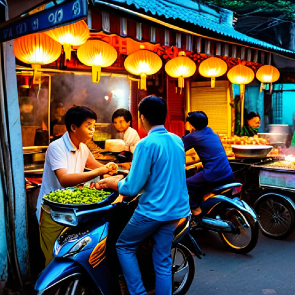 **A bustling Hanoi street food market at dusk.** Vendors cooking delicious meals on small carts, vibrant lanterns illuminating the scene, motorbikes weaving through the crowds, rich colors and textures, safe for work, appropriate content, fully clothed, professional photography, family-friendly.