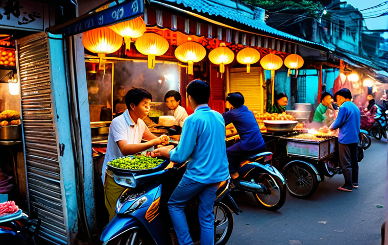 **A bustling Hanoi street food market at dusk.** Vendors cooking delicious meals on small carts, vibrant lanterns illuminating the scene, motorbikes weaving through the crowds, rich colors and textures, safe for work, appropriate content, fully clothed, professional photography, family-friendly.
