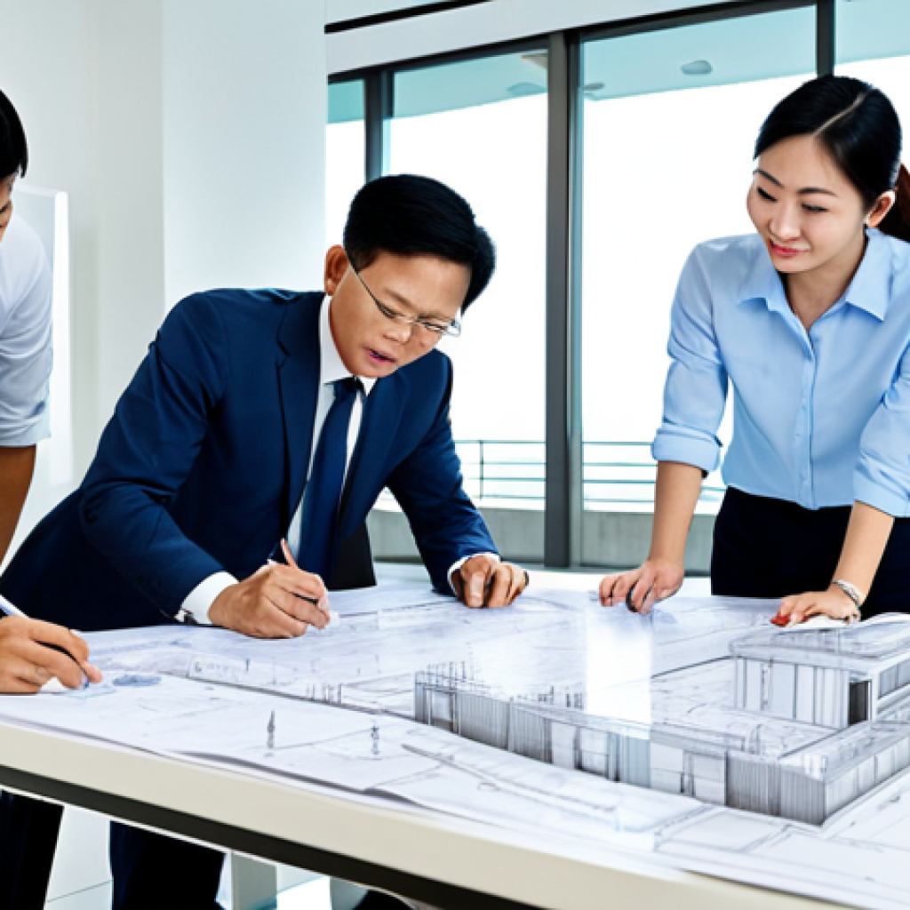 질의응답 세션에서의 다양한 질문 처리법 - **
"A successful Vietnamese architect in a modern office setting, reviewing blueprints with colleag...
