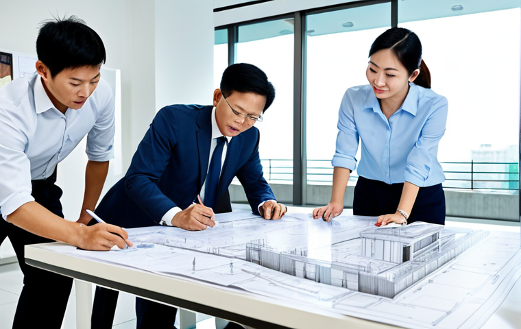 질의응답 세션에서의 다양한 질문 처리법 - **
"A successful Vietnamese architect in a modern office setting, reviewing blueprints with colleag...