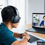 Home 22 질의응답 세션에서의 기술적 문제 대처법 - A professional Vietnamese online meeting setup in a quiet home office, showing a person in business ...