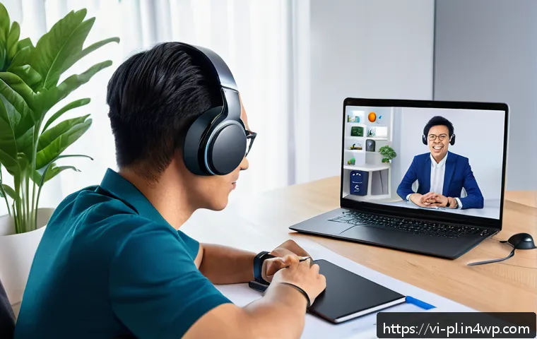 질의응답 세션에서의 기술적 문제 대처법 - A professional Vietnamese online meeting setup in a quiet home office, showing a person in business ...