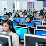 Home 21 질의응답 세션의 성과를 분석하는 방법 - A modern Vietnamese customer service center scene showing a diverse group of professional agents att...