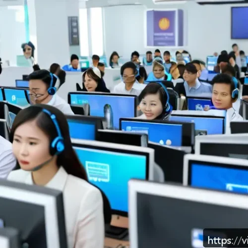 Home 33 질의응답 세션의 성과를 분석하는 방법 - A modern Vietnamese customer service center scene showing a diverse group of professional agents att...