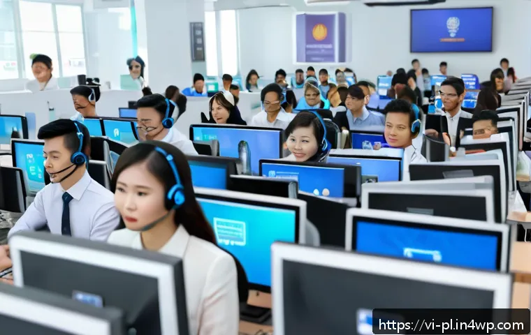 질의응답 세션의 성과를 분석하는 방법 - A modern Vietnamese customer service center scene showing a diverse group of professional agents att...