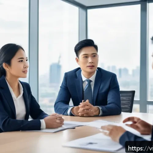 Home 32 질의응답 세션의 주제와 관련된 사례 연구 - A professional Vietnamese business meeting scene in a modern office, featuring a confident male and ...