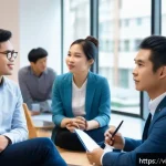 Home 18 질의응답 세션에서의 창의적인 질문 기술 - A professional networking event in a modern Vietnamese office setting, featuring diverse young adult...