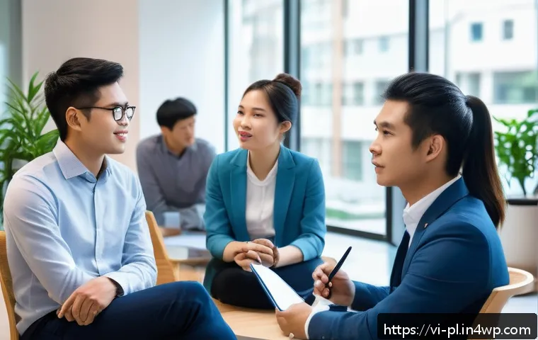 질의응답 세션에서의 창의적인 질문 기술 - A professional networking event in a modern Vietnamese office setting, featuring diverse young adult...